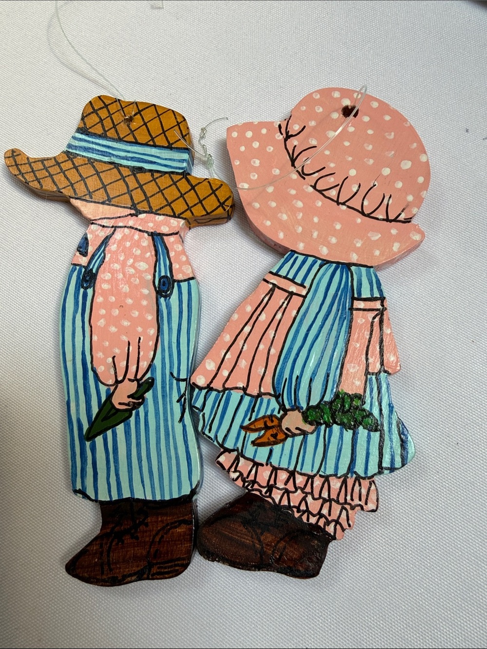 Vintage Folkart wood paint ornaments. Pinks and blues. Folkart.